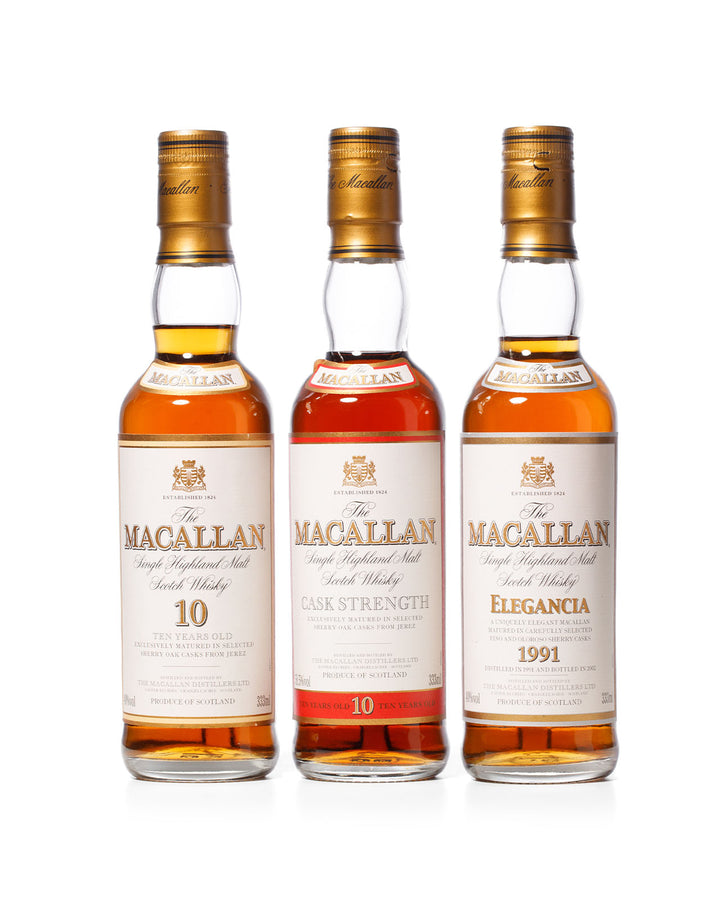 Macallan Trio Set of 35cl Bottles Including Macallan 10 Year Old 1990s, Macallan Cask Strength 1990s and Macallan Elegancia 1991