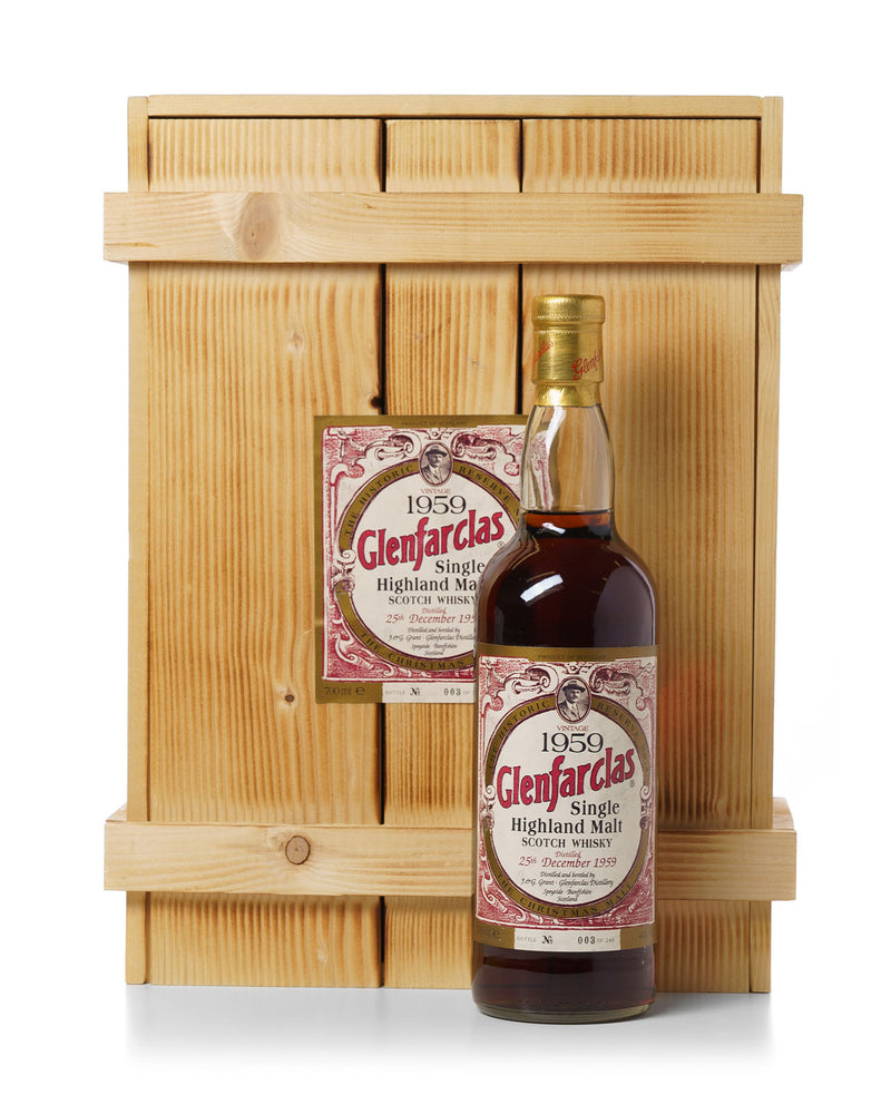 Glenfarclas 1959 42 Year Old The Christmas Malt, Historic Reserve No. 3 With Tasting Glass and Bar Towel In Original Wooden Presentation Box