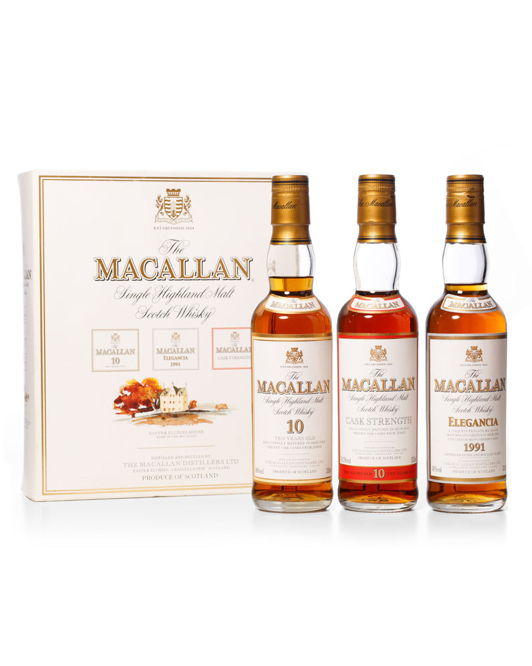 Macallan Trio Set of 35cl Bottles Including Macallan 10 Year Old 1990s, Macallan Cask Strength 1990s and Macallan Elegancia 1991