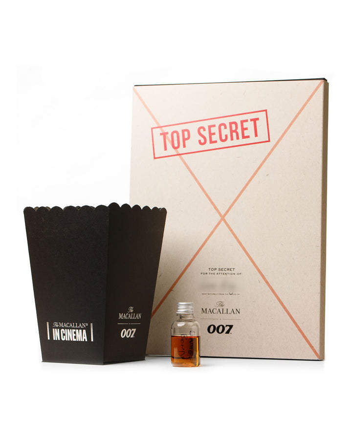 Macallan James Bond 60th Anniversary In Cinema 007 Popcorn Box, Macallan Sample, & 'Top Secret' File Containing A Skyfall Lodge Print