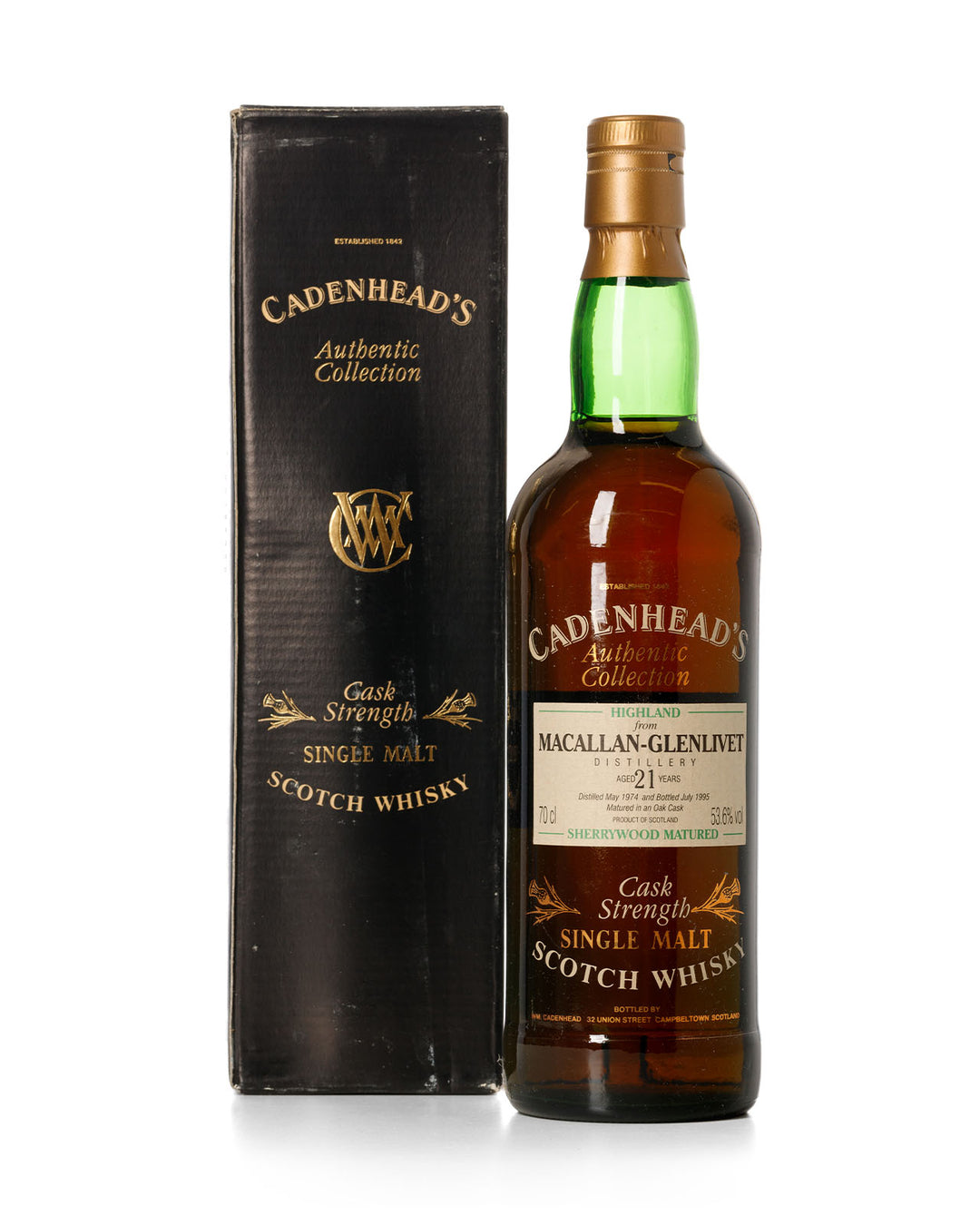 Macallan 1974 21 Year Old Cadenhead's Authentic Collection Bottled in 1995 With Original Box