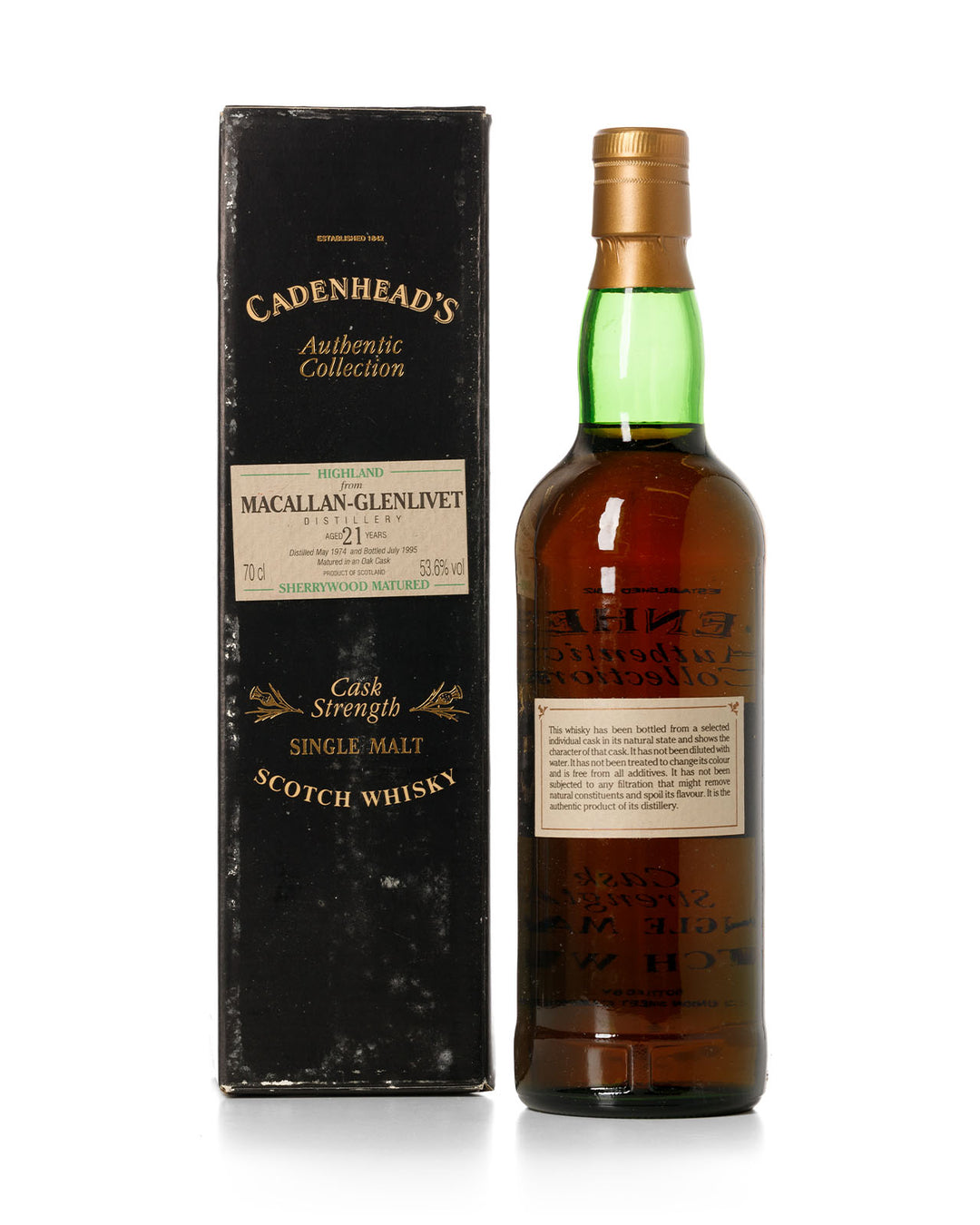 Macallan 1974 21 Year Old Cadenhead's Authentic Collection Bottled in 1995 With Original Box