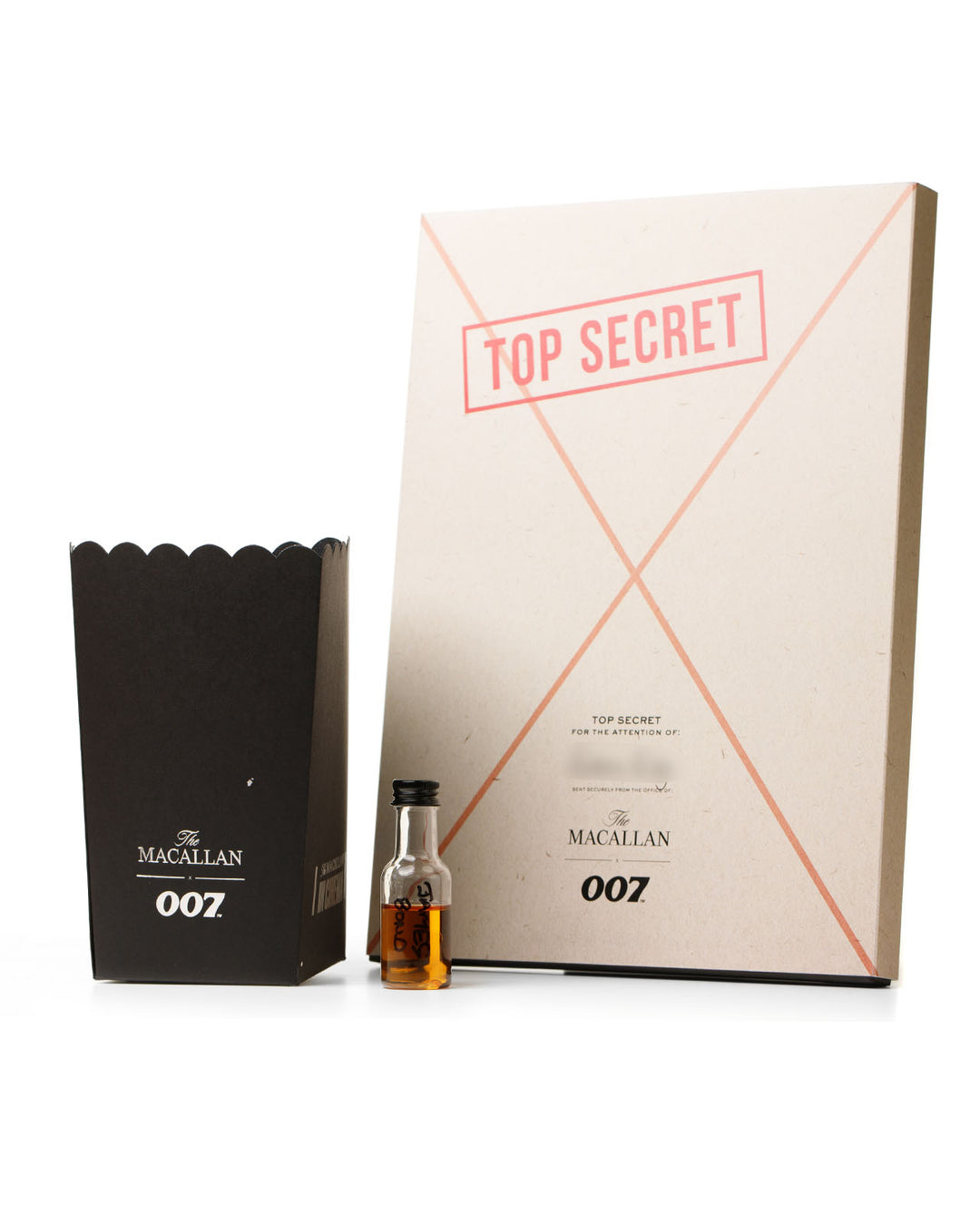 Macallan James Bond 60th Anniversary In Cinema 007 Popcorn Box, Macallan Sample, & 'Top Secret' File Containing A Skyfall Lodge Print